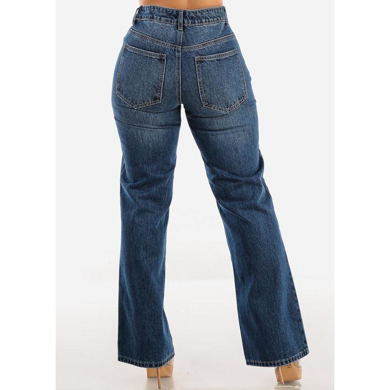 High Waist Med Blue Straight Wide Leg Cotton Jeans